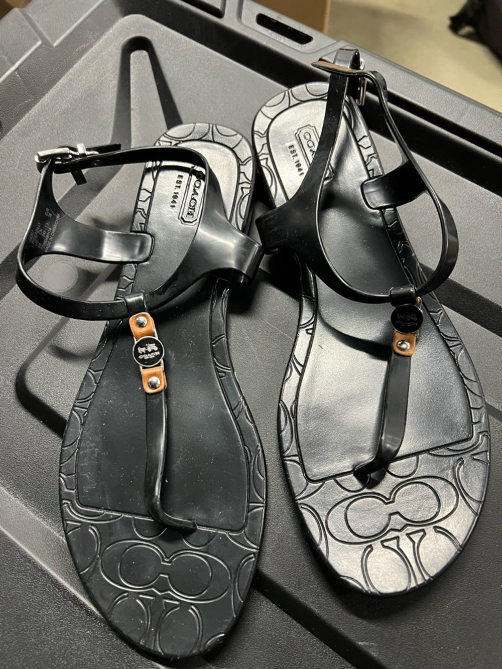 Coach Black Jelly T-Strap Sandals with Tan Accent